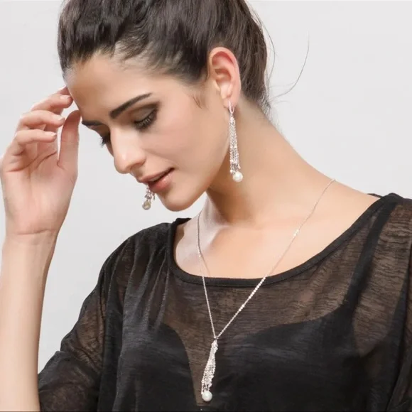 Silver Long Dangle Necklace Earring Set